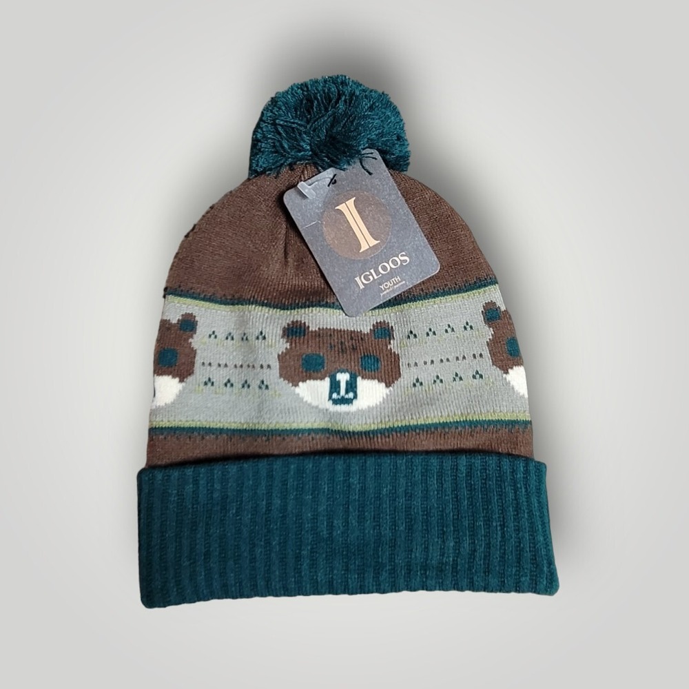 Igloos Youth Beanie Winter Hat - Brown Green Bear Size OS